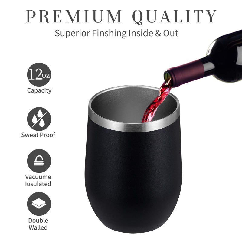 MEWAY 12oz Wine Tumbler 16 Pack Bulk Gifts for Women,Double Wall Vacuum Stainless Steel Travel Mug with Lid,Insulated Stemless Wine Cup Glass for Coffee,Cocktails,Drinks(Black,Set of 16) - Image 4